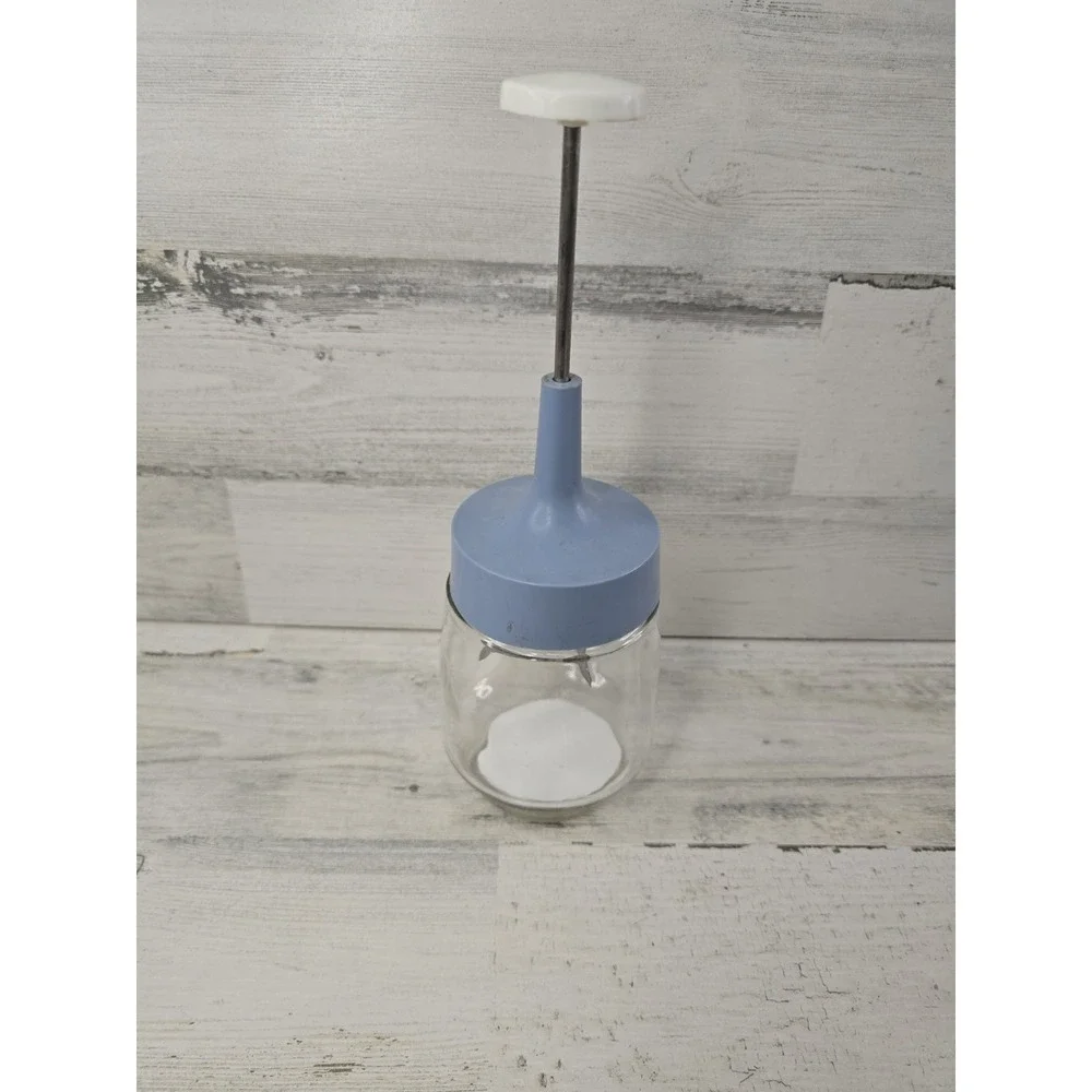 Vintage Manual Food Chopper Glass Jar Blue Plastic Plunger Zigzag Blade Retro